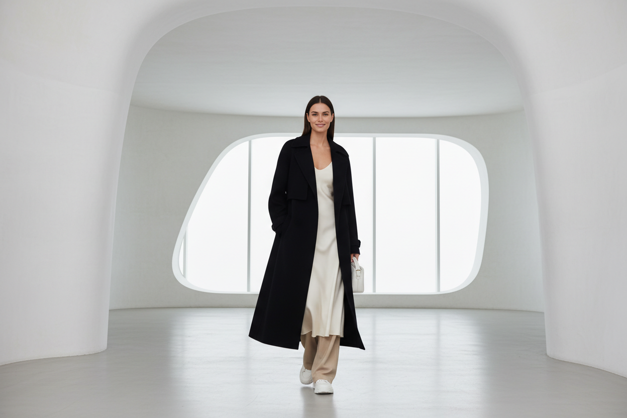 Woman in a long black coat standing in a modern, minimalistic room with white walls and floor.
